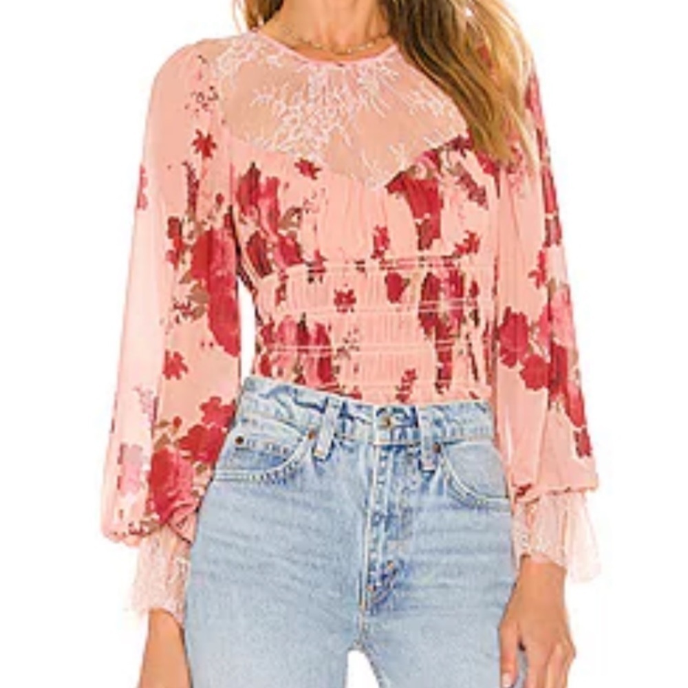 NWT Free People Daphne Floral lace long sleeve blouse feminine croquette boho - Picture 2 of 11